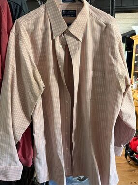 Stafford Men's Peach and White Striped Button-Down Dress Shirt